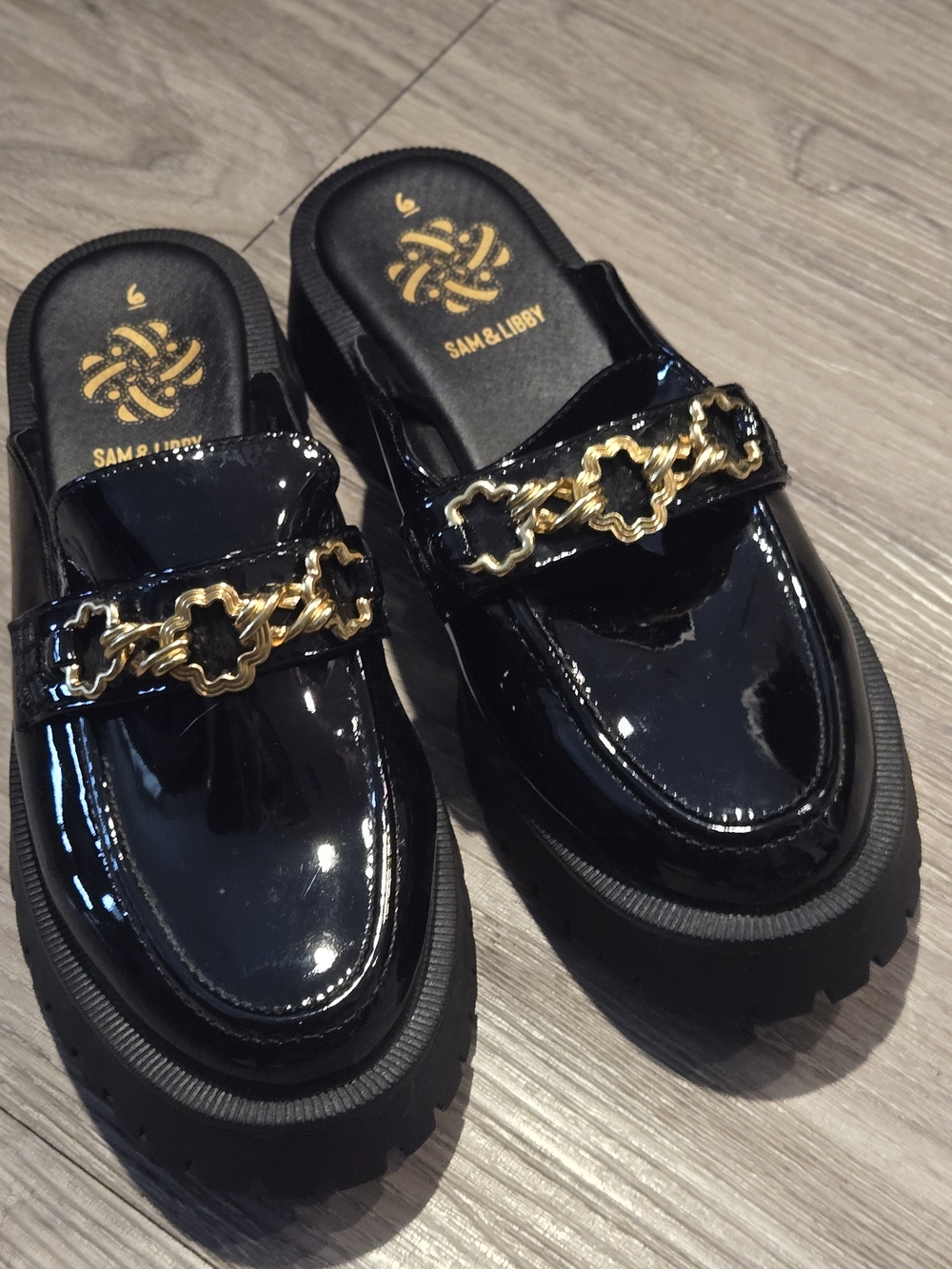 Sam & Libby Black Patent Loafer Mules with Gold Chain